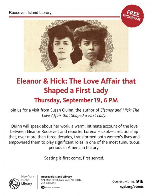 TODAY, "Eleanor & Hick," Susan Quinn at Roosevelt Island NYPL TODAY, "Eleanor & Hick," Susan Quinn at Roosevelt Island NYPL